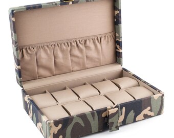 Men Watch Box With Tan Interior - Holds 10 Watches, Camo Color, Gift For Him, Jewelry Box For Men, Tactical Watch Case, Anniversary Gift