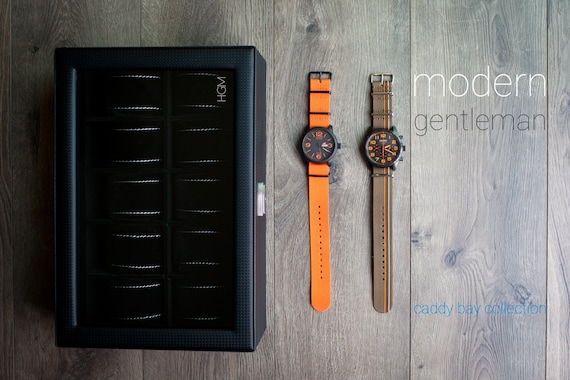 Personalized Black Watch Box with Carbon Fiber Design & White Stitch Pillows - 10 slot / Custom Watch Case / Engraved Watch Box / Men's Gift