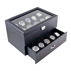 Caja de reloj negra personalizada Contiene 20 relojes, caja de reloj, organizador de reloj, almacenamiento de reloj, grabado, monograma, diseños personalizados para hombres imagen 1