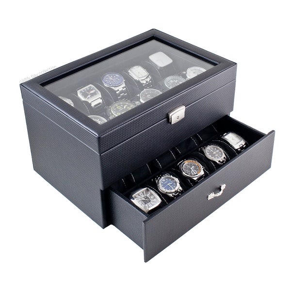 Personalized Black Watch Box - Holds 20 Watches, Watch Case, Watch Organizer, Watch Storage, Engraved, Monogram, Custom Designs For Men