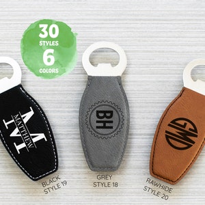 May include: Three personalised bottle openers in black, grey, and rawhide leather. The black opener features the name "MATTHEW" and the initial "M". The grey opener has "BH" inside a gear design. The rawhide opener displays "GMD". The image also shows "30 STYLES" and "6 COLOURS".