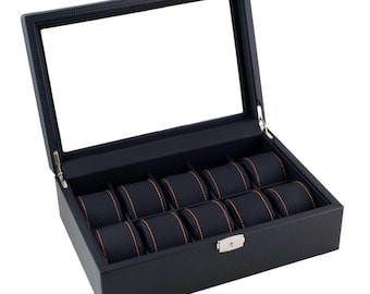 Personalized Carbon Fiber Design Watch Box with Orange Stitch Pillows - Holds 10