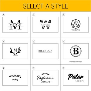 May include: Nine different monogram and name styles for personalized gifts.  The styles include a classic initial with a name, a geometric initial, a crest with a name, a monogram with antlers, a simple name, a circle with an initial, a vintage style name, a script name with a middle name, and a script name.