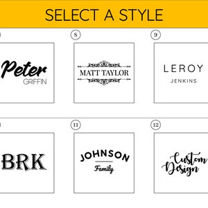 May include: A selection of 6 different logo styles for a name or business. The styles include a handwritten script, a formal serif font, a simple sans-serif font, a vintage-inspired font, a modern font with a line, and a handwritten script with the word "Custom Design".