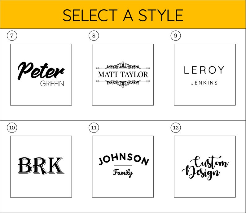May include: A selection of 6 different logo styles for a name or business. The styles include a handwritten script, a formal serif font, a simple sans-serif font, a vintage-inspired font, a modern font with a line, and a handwritten script with the word "Custom Design".
