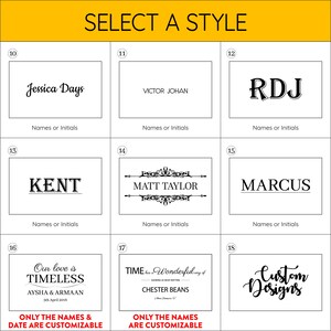 K&ouml;nnte beinhalten: Eine Tabelle mit 10 verschiedenen Stilen f&uuml;r personalisierte Namen oder Initialen. Die Stile umfassen einfachen Text, dekorative Rahmen und benutzerdefinierte Designs. Die Tabelle ist mit "W&auml;hlen Sie einen Stil" beschriftet.