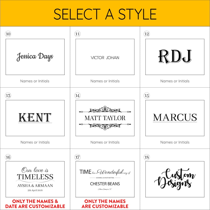 K&ouml;nnte beinhalten: Eine Tabelle mit 10 verschiedenen Stilen f&uuml;r personalisierte Namen oder Initialen. Die Stile umfassen einfachen Text, dekorative Rahmen und benutzerdefinierte Designs. Die Tabelle ist mit "W&auml;hlen Sie einen Stil" beschriftet.