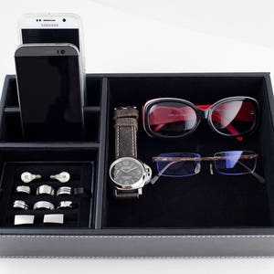 Mens Jewelry Box Valet Catch All Tray Black - Vegan Leather Catchall Jewelry Tray Home Decor For Watches Sunglasses Phones Keys Wallets