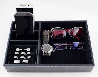 Mens Jewelry Box Valet Catch All Tray Black - Vegan Leather Catchall Jewelry Tray Home Decor For Watches Sunglasses Phones Keys Wallets