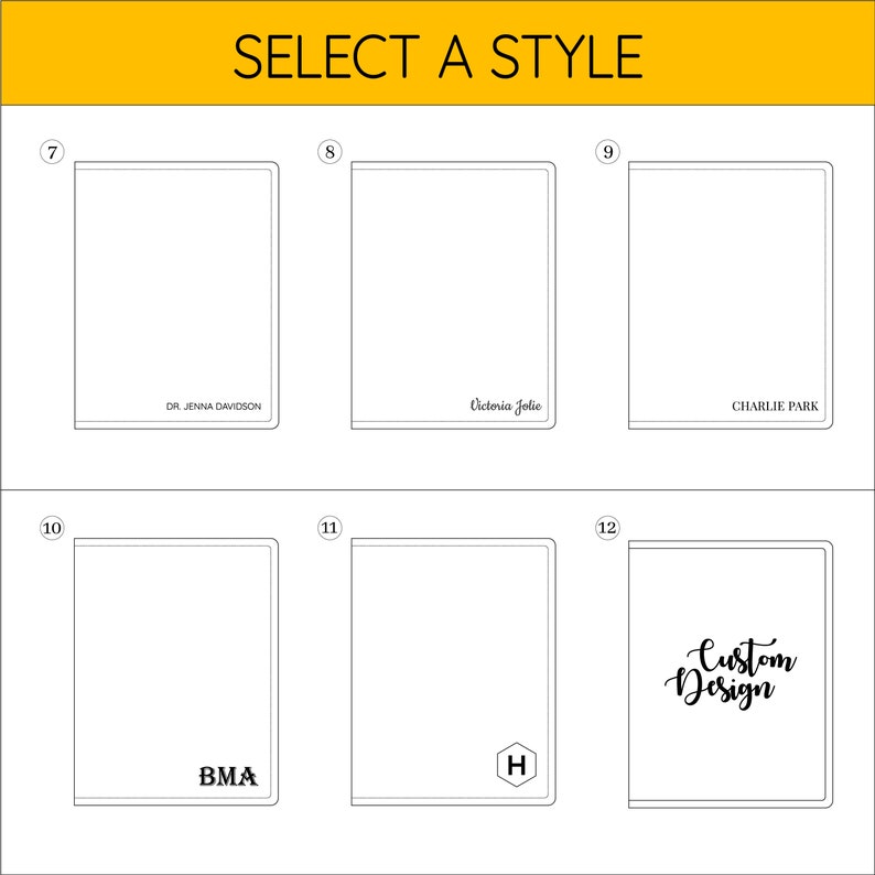 Op de afbeelding: Een selectie van 6 verschillende stijlen voor gepersonaliseerde notitieboekcovers. De stijlen omvatten een ​​eenvoudige naam, een naam met een decoratief lettertype, een monogram, een naam met een eenvoudig lettertype, een naam met een decoratief lettertype en een aangepast ontwerp met de tekst "Custom Design".