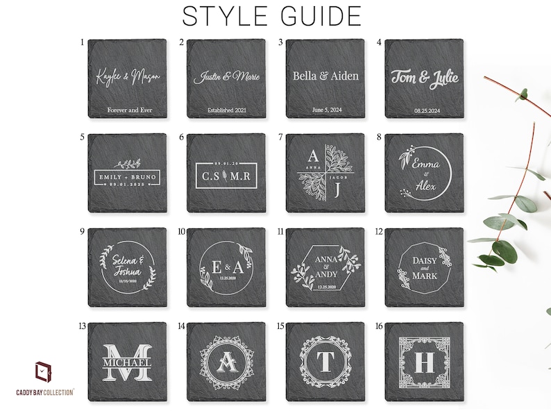 K&ouml;nnte beinhalten: Ein Style Guide f&uuml;r Schieferuntersetzer mit 16 verschiedenen Designs. Die Designs beinhalten Namen, Daten, Initialen und florale Motive. Die Untersetzer sind schwarz mit wei&szlig;er Beschriftung und Designs.