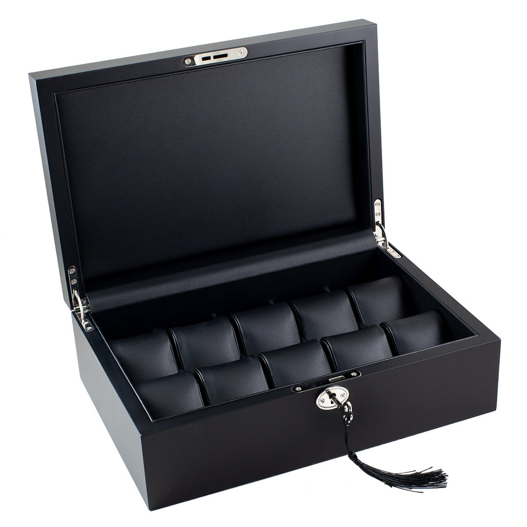 Personalized Black Premium Wood Watch Box - Holds 10 Watches, Custom ...