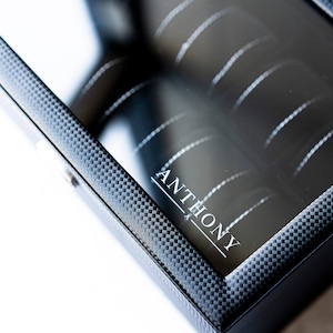 Personalized Black Watch Box - Holds 10 Watches, Carbon Fiber Design, Watch Case, Watch Organizer, Watch Storage, Engraved, Monogram