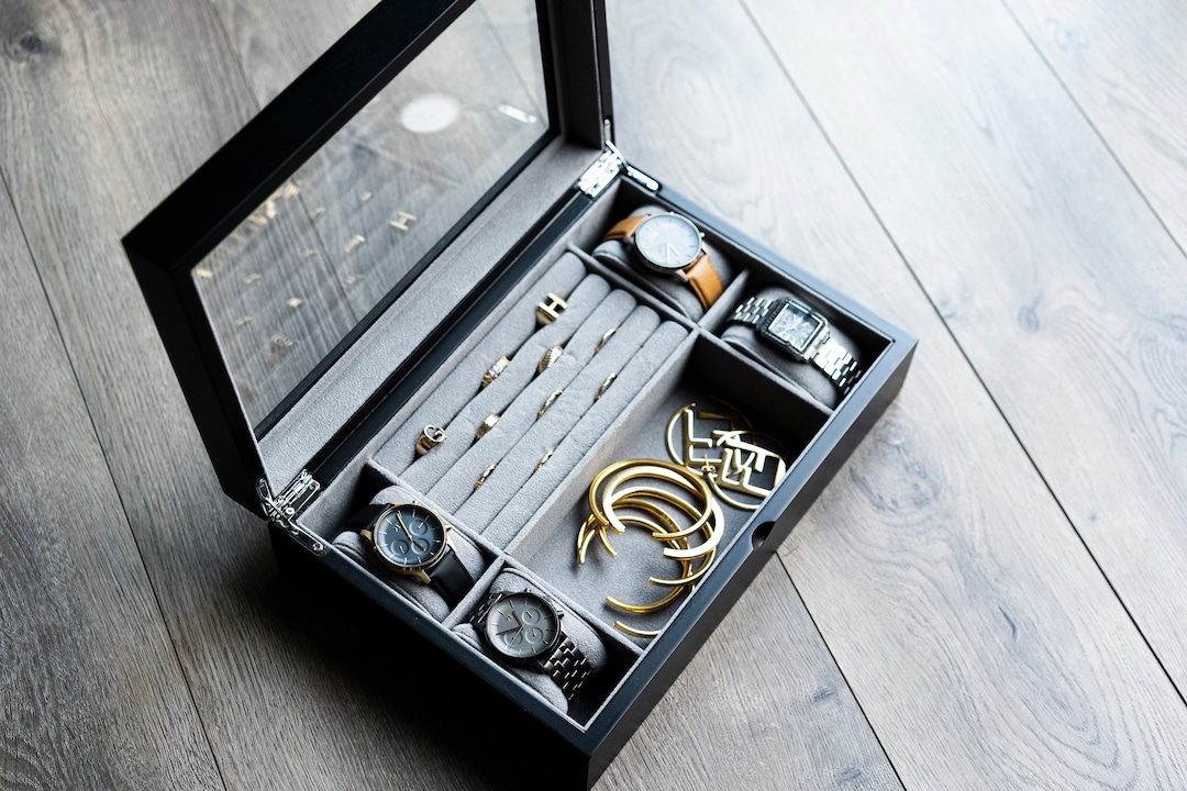Personalized Men's Jewelry Box Case - Black Watch Case, Cufflinks Ring ...