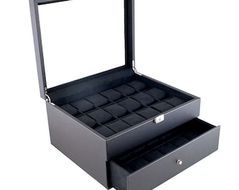 Boîte à montres noire personnalisée - pour 36 personnes, boîtier de montre, organiseur de montre, rangement de montre, gravure, monogramme, boîte à bijoux pour homme, montre de collection