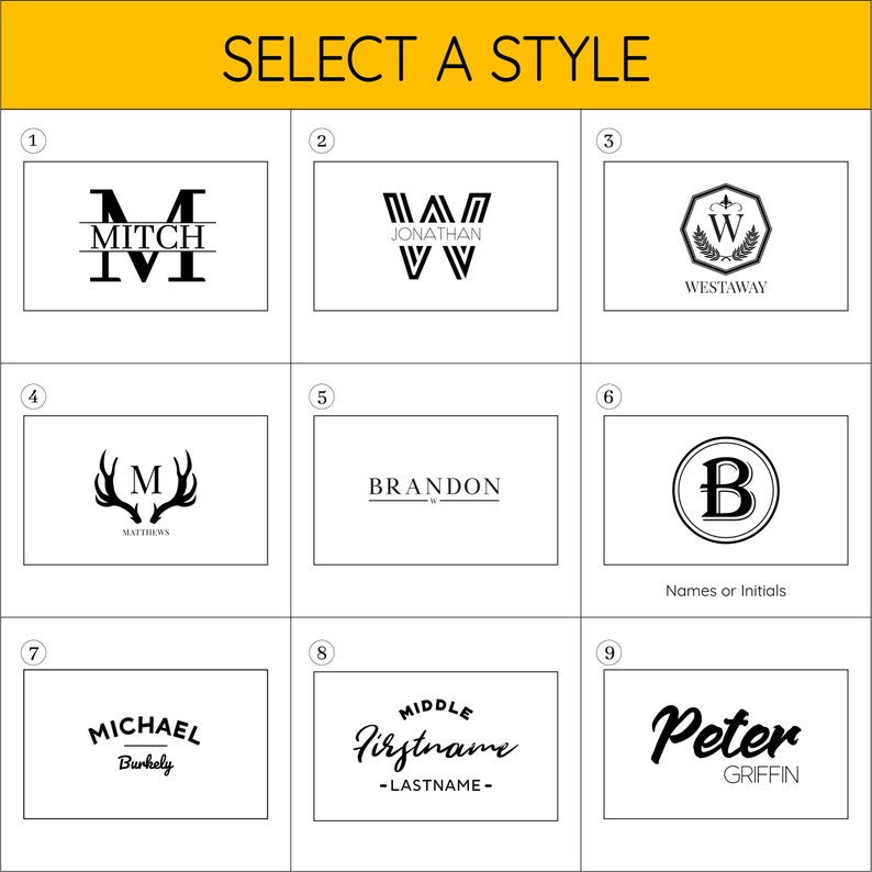 K&ouml;nnte beinhalten: Neun verschiedene Monogrammstil-Optionen f&uuml;r ein personalisiertes Geschenk. Die Stile umfassen eine klassische Initial mit einem Namen, eine geometrische Initial, ein Wappen mit einem Namen, ein Hirschgeweih mit einer Initial und einem Namen, einen einfachen Namen, einen Kreis mit einer Initial, einen Namen im Vintage-Stil, einen Namen im Schrift-Stil und einen Namen im fetten Schrift-Stil.