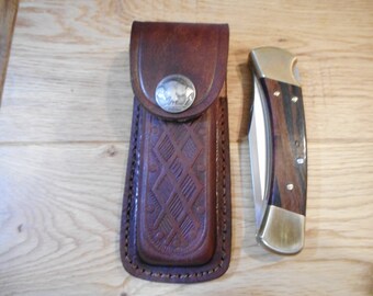 Custom Buffalo nickel snap sheath - case -  Brown 5" leather knife sheath holds a BUCK 110