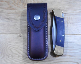 Buck 110 custom leather knife sheath. Brown. Barbed wire tooled flap. Sheath only