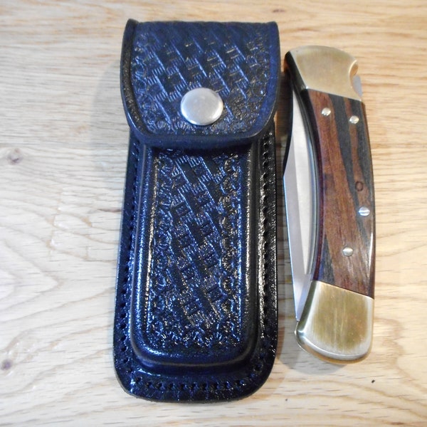 Custom Black basket weave leather knife sheath - Holds a Buck 110.