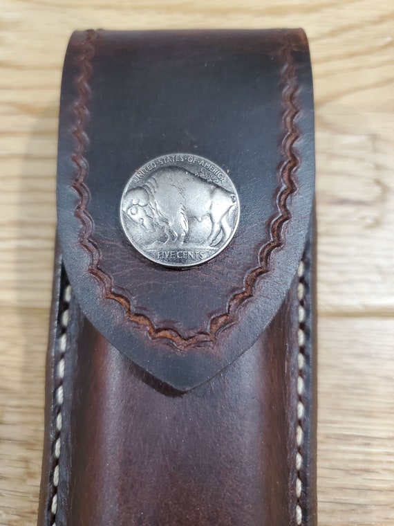 Buck 110 custom leather knife sheath. Brown. Buffalo nickel. Sheath only