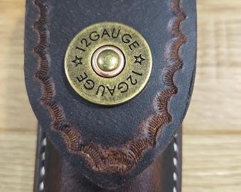 Buck 110 custom leather knife sheath. Brown. 12 Gauge snap. Tooled. Sheath only