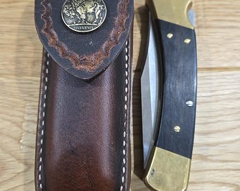 Buck 110 custom leather tooled knife sheath. Brown. Replica Buffalo nickel concho. Sheath only