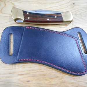 Cross Draw Buffalo leather knife sheath Black with red stitching. fits a Buck 110 or sim