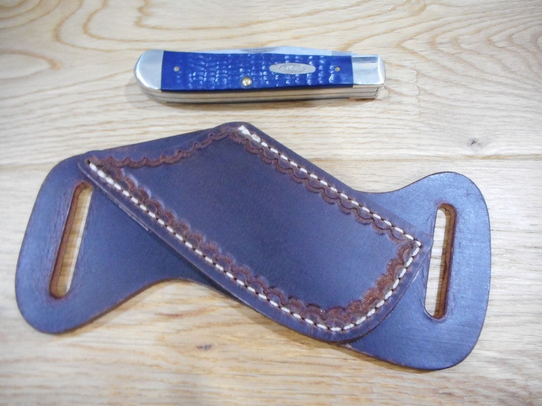Cross Draw Buffalo Leather Knife Sheath. Dark Oil Rustic Tooled. Fits a