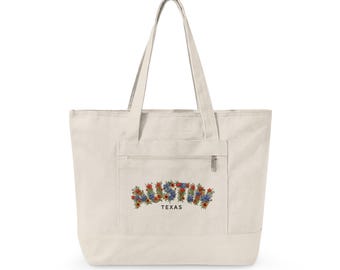 Texas Wildflower Floral Script Zippered Canvas Tote | State Flower Design
