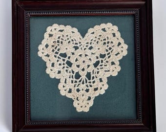 Framed Handmade Heart-shaped Crochet Doily Vintage Decor 1993 6" x 6"