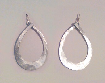 Hammered Aluminum Teardrop Hoop Earrings Organic Modern Hand Made in USA Original Design