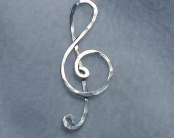 Hammered Sterling Silver Treble Clef Pendant Necklace in assorted sizes - Organic Modern, Musical Note