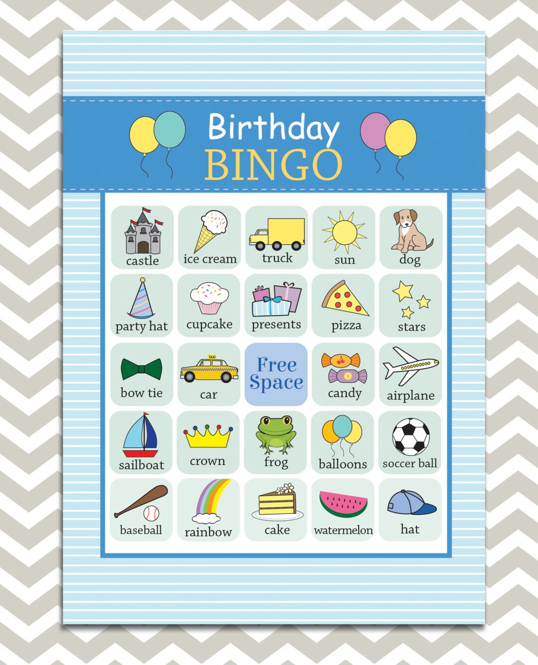 Printable Kid's Birthday Party Game Bingo Cards in Blue - Etsy
