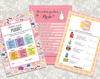 3 Printable Bridal Shower Party game cards in pink, Set of 3: (Price is Right, Purse game & bride game') Instant Download