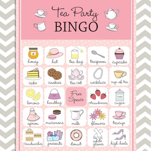 Tea Party Bingo cards in pink, 20 unique game cards, Printable Instant download!