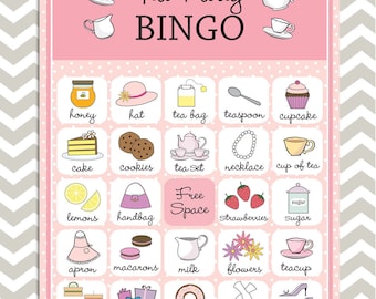 Tea Party Bingo cards in pink, 20 unique game cards, Printable Instant download!