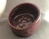 Guide Dog Libby Paw Print Pet Bowl in whirls of adobe and light purple, round, wavy, organic, skewed, 19 FlOz–Made by blind ceramic artist