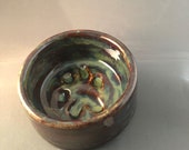 Small Paw Print Pet Bowl in variegated whirls of coper and green, Volcano shape, bohemian, holds 8 FL Ounces– Made by blind ceramic artist