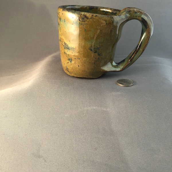 Bohemian Demitasse small mug in rich Mocha with purple, blue, and green whirls, unusual, curvy handle – Made by Blind Ceramic Artist