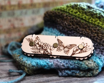 Knitting and Crochet Row Counter. 3 digit dial. Butterfly with plants made from maple wood. Turn the dials to keep progress of your rows
