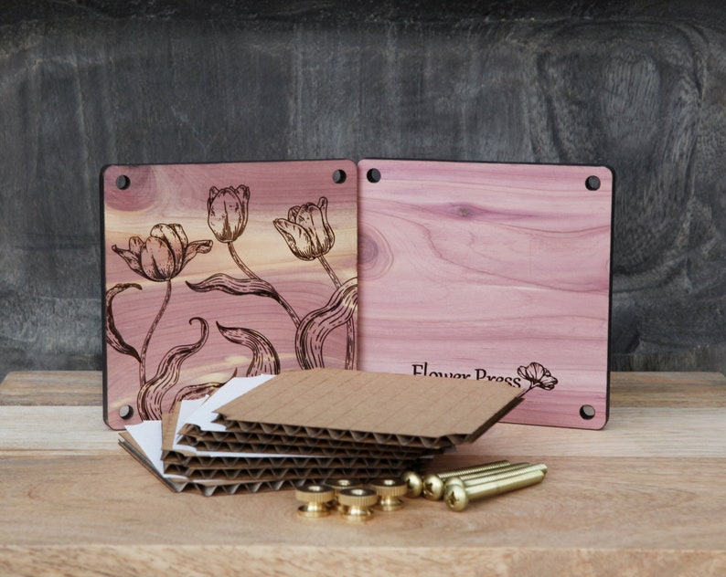Flower Press Kit With Engraved Tulip Flowers Made From Cedar Etsy
