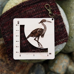 Heron Bird Gauge Swatch Measurement Ruler in Inches and Centimeters -Maple Wood with Bronze Clasp - For Knit, Crochet and other Fiber Arts