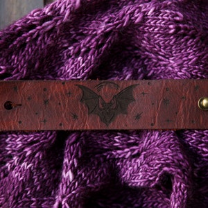 Vampire Bat under the Moon Shawl Cuff, made from leather with a bronze stud. Great for your knitted and crocheted scarves, shawls and cowls. image 7