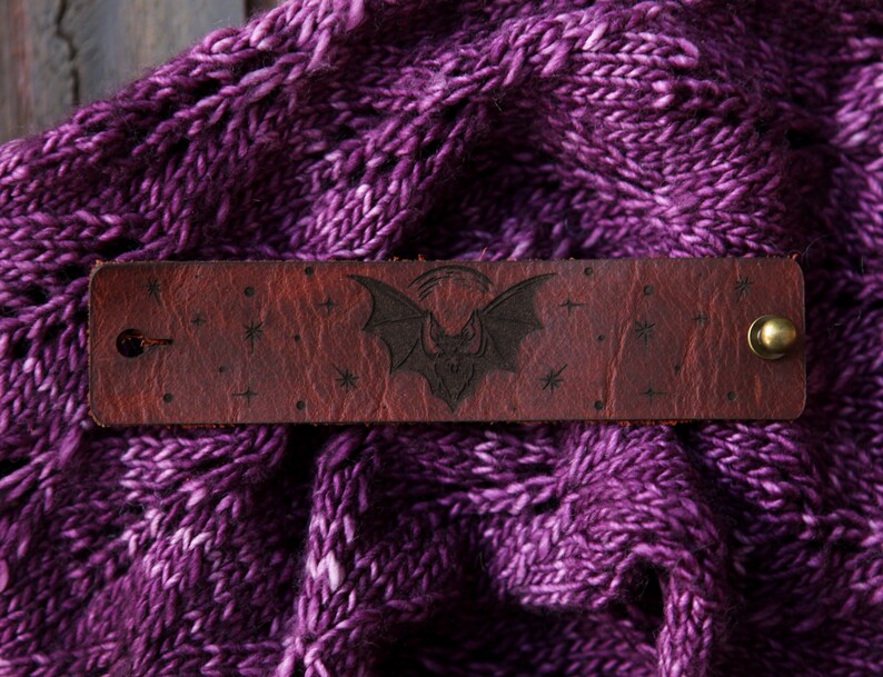 Vampire Bat under the Moon Shawl Cuff, made from leather with a bronze stud. Great for your knitted and crocheted scarves, shawls and cowls. image 7