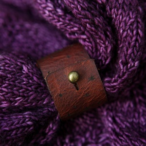 Vampire Bat under the Moon Shawl Cuff, made from leather with a bronze stud. Great for your knitted and crocheted scarves, shawls and cowls. image 4