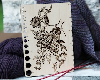 Moth with Flowers and Leaves Knitting Needle Gauge made from Maple Wood; Card 5 Inch Ruler for knitters