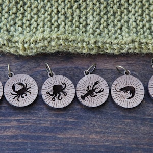 Knitting Stitch Markers - Walnut - Set of 6 - Seafood - Shrimp, Crab, Lobster, Squid, Fish and Octopus