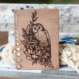 Owl with Flowers and Leaves Knitting Needle Gauge made from Cherry Wood; 5 Inch Ruler for knitters