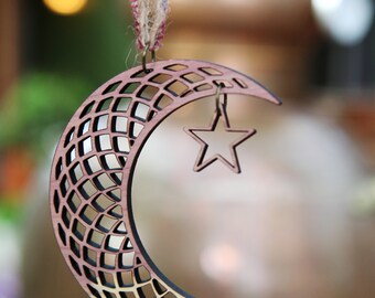 Crescent Moon and Star Bohemian Celestial Cedar Wood Ornament. Great for hanging from the window or on a Christmas tree.