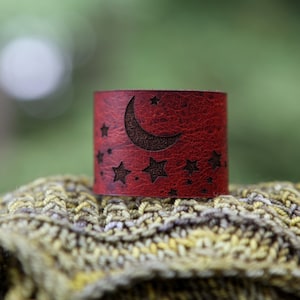 Stars and Moon Shawl Cuff, made from leather with a bronze stud. Great for holding your knitted and crocheted scarves, shawls and cowls.